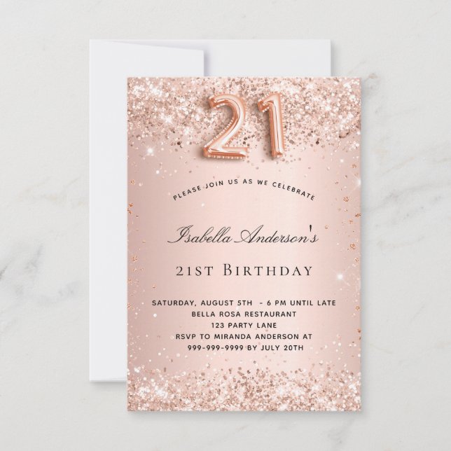 Invitación 21 cumpleaños rosa purpurina dorado (Anverso)