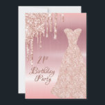 Invitación 21 cumpleaños rosa vestido de oro purpurina goteo<br><div class="desc">Elegante, clásico, glamuroso y de estilo jovial. Un vestido rosa de oro con un falso goteo de purpurina de oro rosa, pinta goteo. Rosa de oro fino fondo metálico. Con el texto: 21stBirthday Fiesta en la parte delantera escrito con un moderno guión de estilo con letras de color oscuro y...</div>