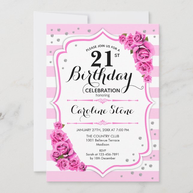 Invitación 21 cumpleaños - Rosas de franjas blancas rosadas (Anverso)