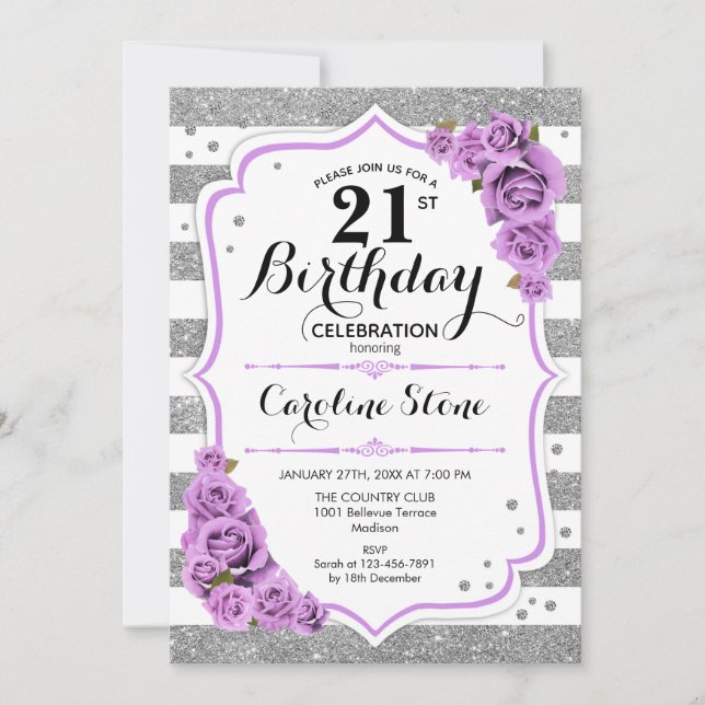 Invitación 21 cumpleaños - Rosas morados de rayas blancas pla (Anverso)