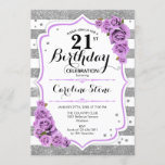 Invitación 21 cumpleaños - Rosas morados de rayas blancas pla<br><div class="desc">Invitación al cumpleaños 21. Elegante diseño de color blanco morado plateado con un falso purpurina. Rayas blancas y plateadas con rosas rosadas. Perfecto para una elegante fiesta de 21 años.</div>