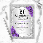 Invitación 21 cumpleaños - Rosas morados de rayas plateadas<br><div class="desc">Invitación al cumpleaños 21. Elegante diseño floral en plata y morado. Incluye franjas finas purpurinas de plata,  rosas púrpura tipo de letra de guión elegante y confeti. Perfecto para una fiesta de cumpleaños glam.</div>