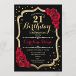 Invitación 21° cumpleaños - Rosas rojas negras de oro<br><div class="desc">Invitación a la celebración del 21º cumpleaños. Elegante diseño negro con falso oro purpurina y rosas rojas. Perfecto para una elegante fiesta de cumpleaños. Se puede personalizar en cualquier edad.</div>