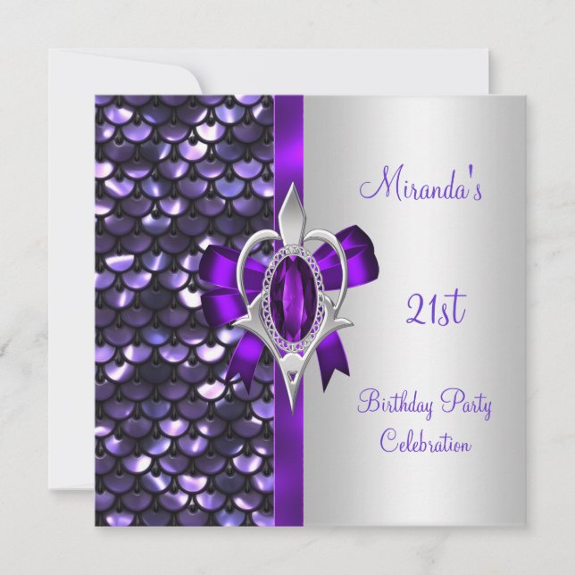 Invitación 21 cumpleaños Silver secuestra flujo morado de dia (Anverso)