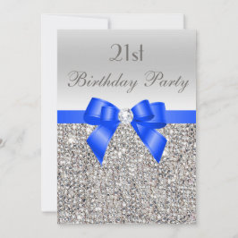 Invitación 21 cumpleaños Silver Sequin Royal Blue Bow Diamond