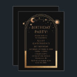 Invitación 21 cumpleaños Veintiún oro negro celestial<br><div class="desc">21º cumpleaños Veintitrés veintiún celestes mística dorado negro dorado luna astronomía cumpleaños invitaciones a los invitados a los días de sol dorado, luna y estrellas con un marco dorado sobre un fondo negro. Adentro está la información de invitación de cumpleaños de su personalizado. Diseñado por Evco Studio. Ver la colección...</div>