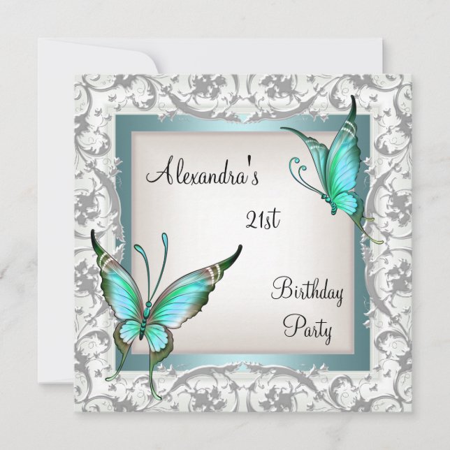 Invitación 21 cumpleaños Verde azulado Floral Mariposa Plata  (Anverso)