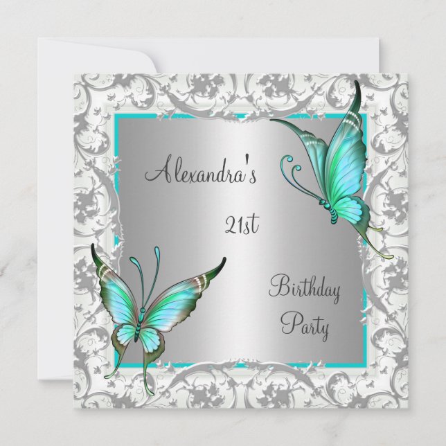 Invitación 21 cumpleaños Verde azulado Floral Mariposa Plata  (Anverso)