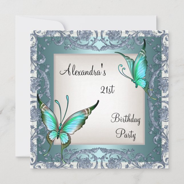 Invitación 21 cumpleaños Verde azulado Floral Mariposa Plata  (Anverso)