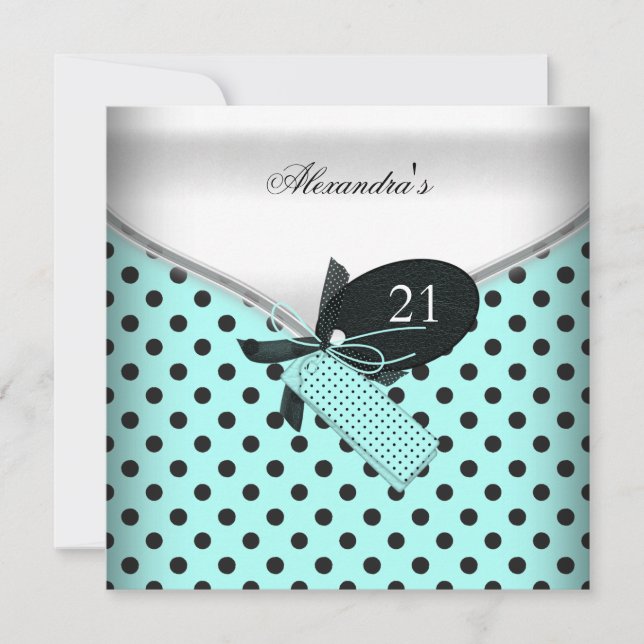 Invitación 21 cumpleaños Verde azulado Polka blanco negro Dot (Anverso)