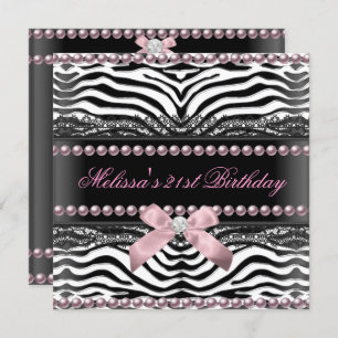 Invitación 21 cumpleaños Zebra Pink Black Lace Pearl