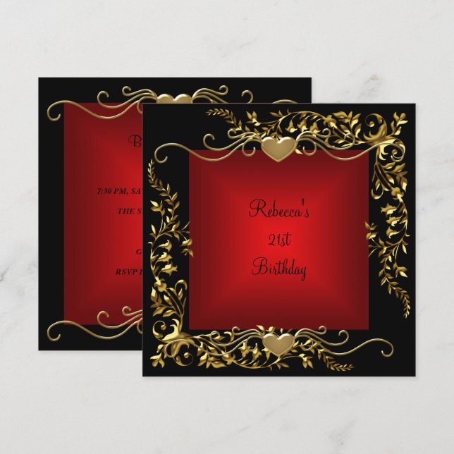 Invitación 21 Fiesta de cumpleaños Black Bright Deep Red Gold (Anverso / Reverso)