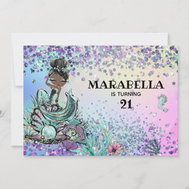 Invitación *~* 21 fiesta de cumpleaños de la sirena arcoiris  (Anverso)