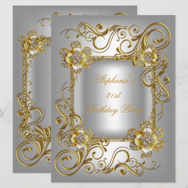 Invitación 21 Fiesta de cumpleaños Gray Silver Gold Diamante  (Anverso / Reverso)