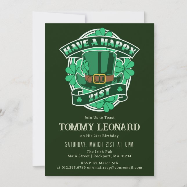 Invitación 21 Fiesta de cumpleaños Leprechaun Gorra Shamrock  (Anverso)
