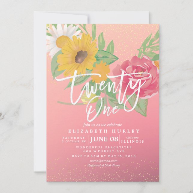 Invitación 21 Fiesta de cumpleaños Purpurina de oro de las fl (Anverso)