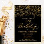 Invitación 21 Fiesta de cumpleaños Rosa de oro Floral Black<br><div class="desc">Elegantes rosas de oro de línea abierta crean el borde superior perfecto. El fondo negro da un toque dramático y la caligrafía aporta un toque de lujo. Esta invitación forma parte de la colección de Rosas Luxe Gold. Contiene plantillas para papelería de cumpleaños, carteles de bienvenida y decoración de fiestas....</div>