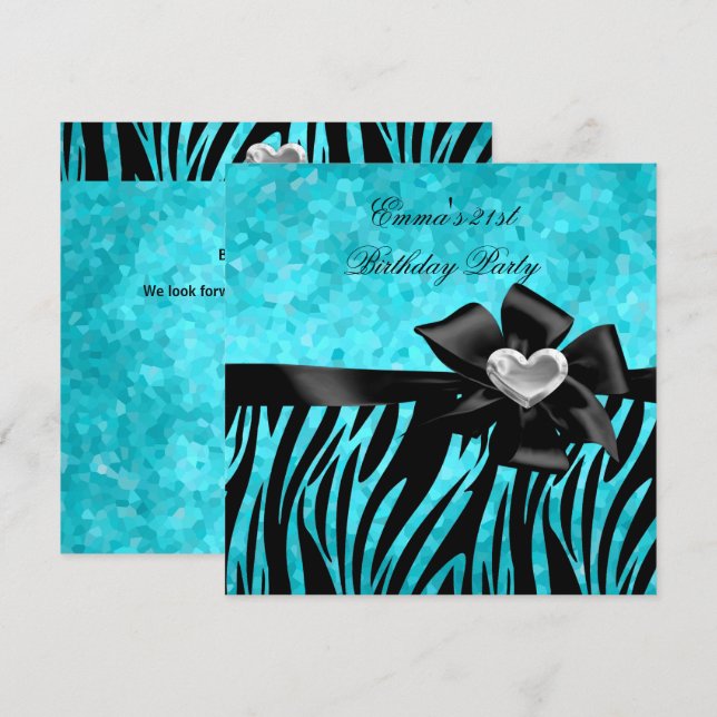 Invitación 21 Fiesta de cumpleaños Zebra Plata Azul Verde azu (Anverso / Reverso)