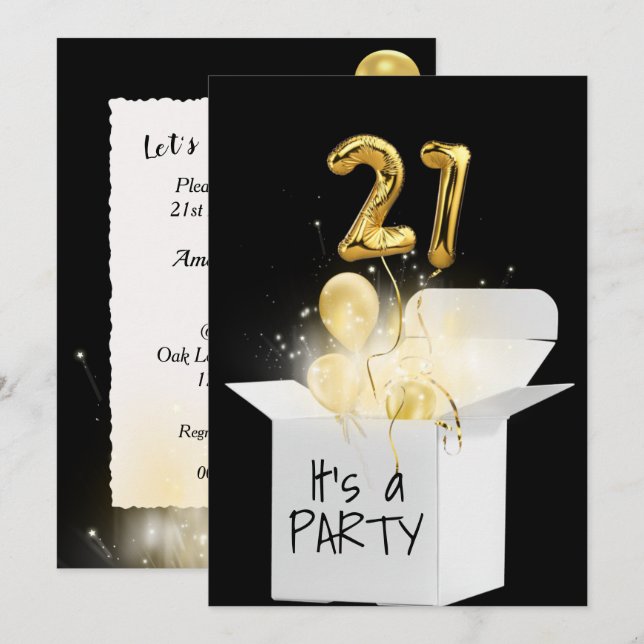 Invitación 21 Globos De Oro De Cumpleaños En Caja Blanca (Anverso / Reverso)