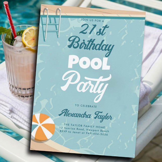 Invitación 21 Ideas de Cumpleaños piscina de verano Fiesta Aq (21st birthday party ideas summer pool party backyard outdoors invitations templates personalized)