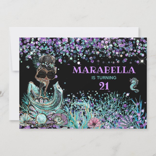 Invitación *~* 21 Mermaid LUXE GLAM Under the Sea Birthday (Anverso)