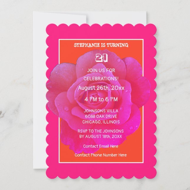 Invitación 21 Naranja de cumpleaños Rosa Rosa Rosa Floral ele (Anverso)