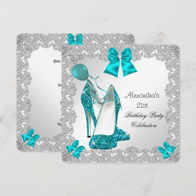 Invitación 21 Purpurina de cumpleaños Verde azulado Blue High (Anverso / Reverso)