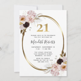 Invitación 21 Rosas de cumpleaños Fiesta floral metálico de o