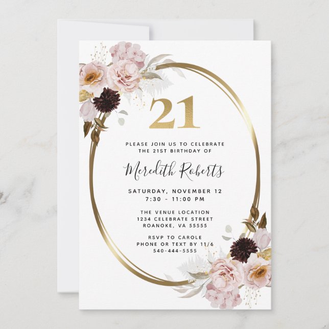 Invitación 21 Rosas de cumpleaños Fiesta floral metálico de o (Anverso)
