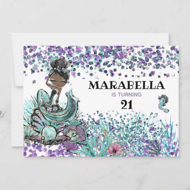 Invitación *~* 21 Sirenita GLAM Bajo Fiesta de Cumpleaños Mar (Anverso)