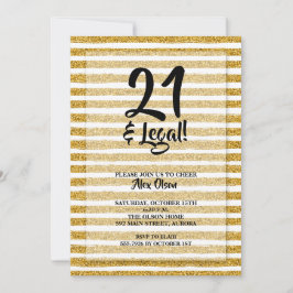 Invitación 21 y cumpleaños de Purpurina legal de oro Stripes