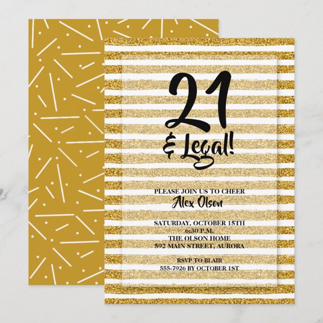 Invitación 21 y cumpleaños de Purpurina legal de oro Stripes (Anverso / Reverso)