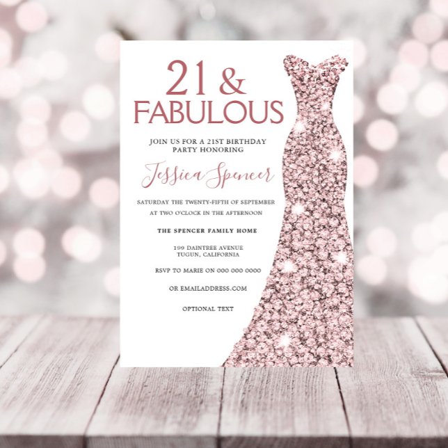 Invitación 21 y fabuloso Rosa vestido de oro 21 cumpleaños Fi (Subido por el creador)