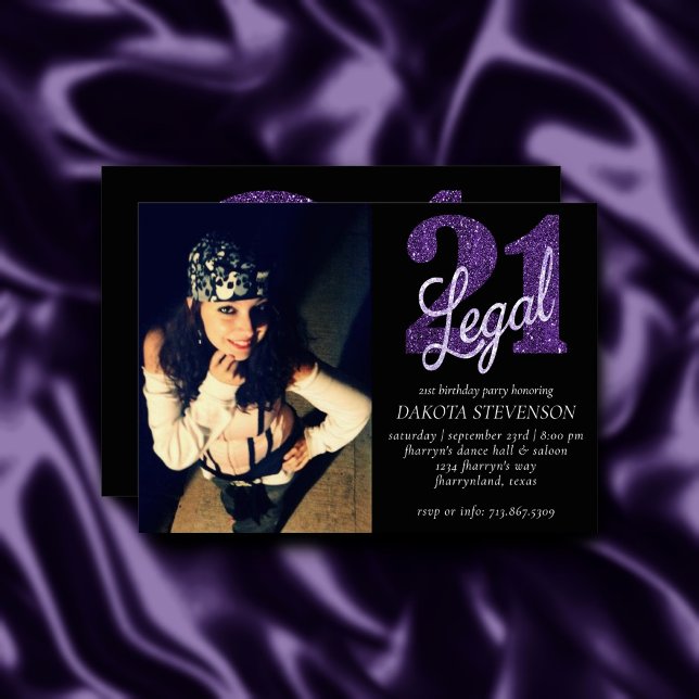 Invitación 21 y legal | Faux Purple Purpurina Photo Keepsake (Subido por el creador)