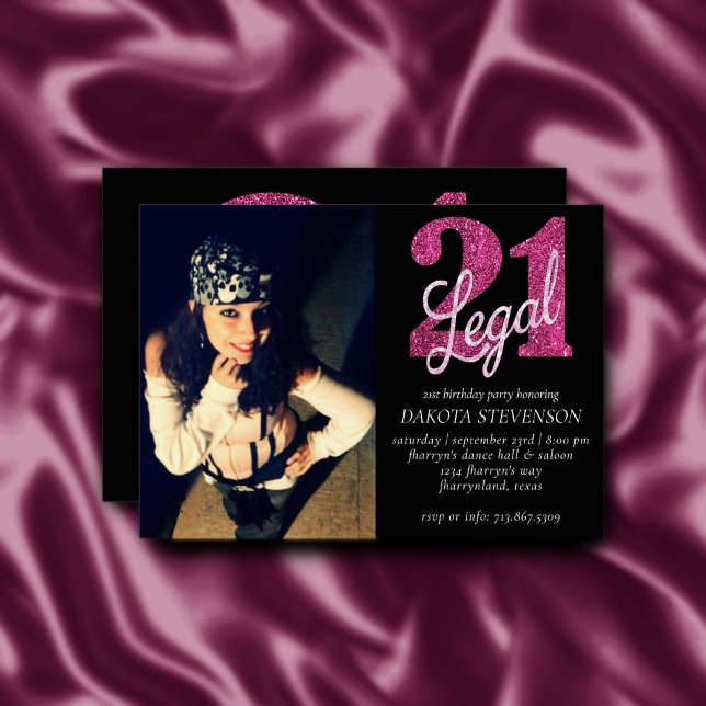Invitación 21 y legal | Fun Pink Faux Purpurina 21 cumpleaños (Subido por el creador)