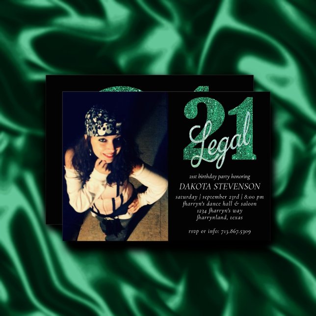 Invitación 21 y legal | Green Faux Purpurina 21st BDay Photo (Subido por el creador)