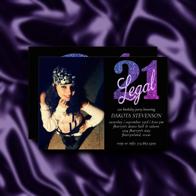 Invitación 21 y legal | Ombre Faux Purpurina Photo Keepsake (Subido por el creador)