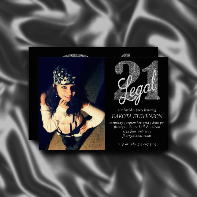 Invitación 21 y legal | Purpurina Silver Faux Photo Keepsake (Subido por el creador)