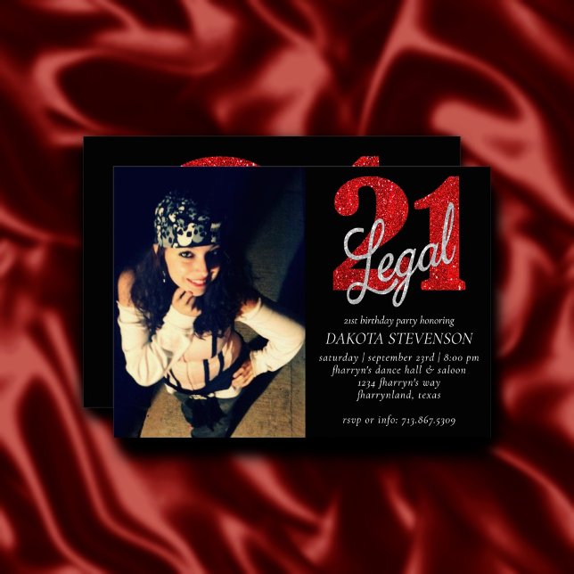Invitación 21 y legal | Red Faux Purpurina Photo Keepsake (Subido por el creador)