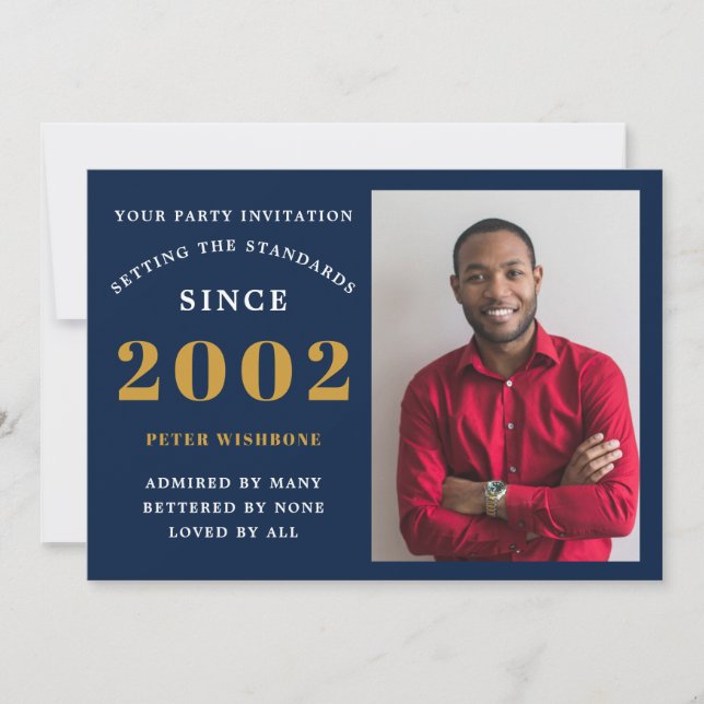 Invitación 21er cumpleaños 2002 Nombre Foto Oro Azul (Anverso)