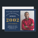 Invitación 21er cumpleaños 2002 Nombre Foto Oro Azul<br><div class="desc">Para los que celebran su cumpleaños, tenemos la invitación ideal para la fiesta de cumpleaños con la oportunidad de añadir una foto. El fondo azul con un diseño de tipografía blanca y dorada es sencillo y elegante. Personalizar fácilmente el texto de este regalo de cumpleaños usando la plantilla proporcionada. Buscar...</div>