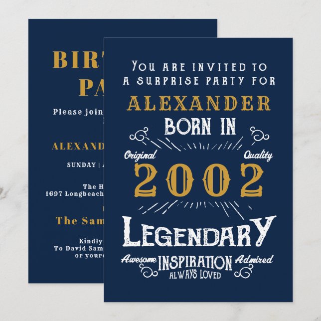 Invitación 21er cumpleaños Nacido 2002 Blue Gold Retro Legend (Anverso / Reverso)