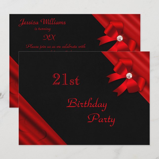 Invitación 21ro cumpleaños Jeweled rojo romántico del arco (Anverso / Reverso)