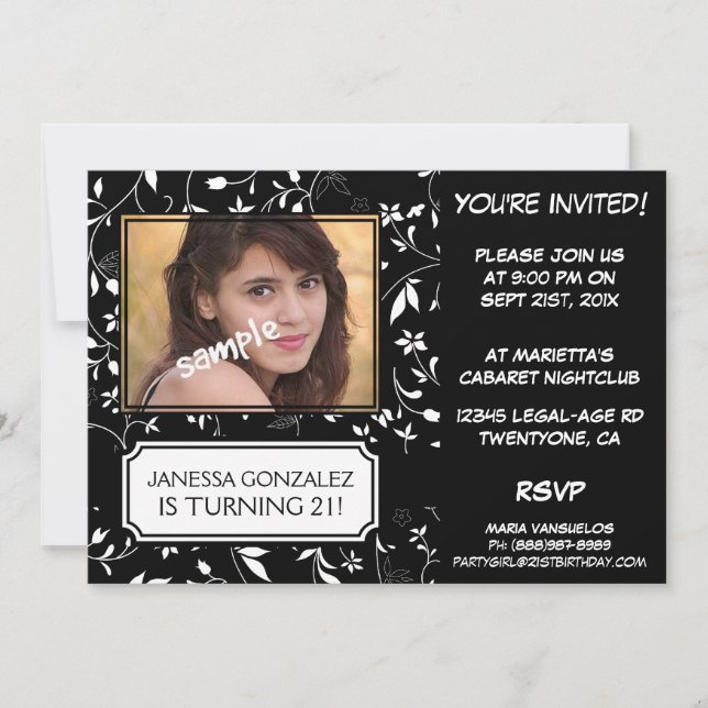Invitación 21ro Cumpleaños para señora joven BW floral con la (Anverso)