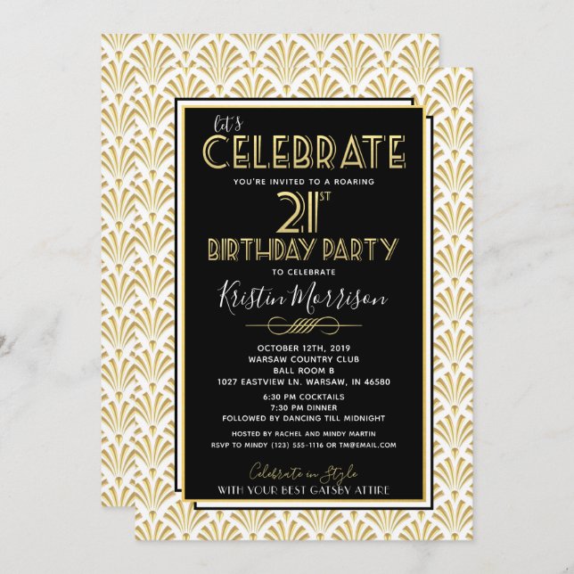 Invitación 21ro Los años 20 del rugido de Gatsby del art déco (Anverso / Reverso)