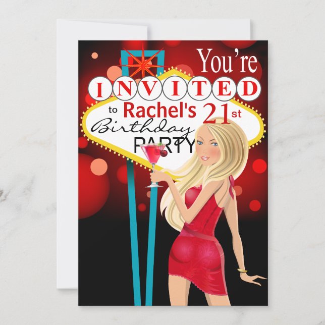 Invitación 21ro rojo de la fiesta de cumpleaños de Las Vegas (Anverso)