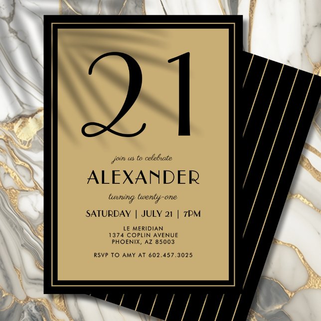 Invitación 21st Birthday Adult Black and Gold Modern Minimal  (Celebrate your 21st in bold, sophisticated style with this chic design.)