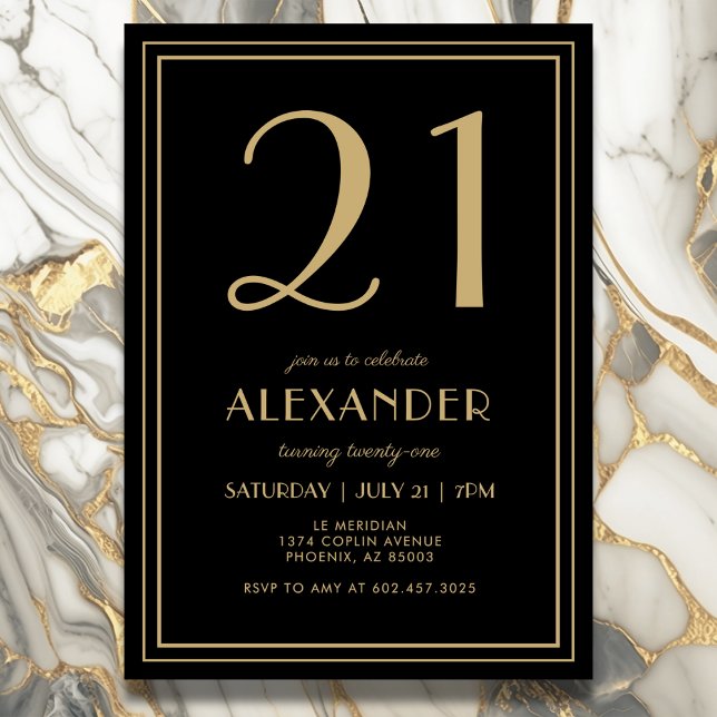 Invitación 21st Birthday Black and Gold Modern Minimal Adult (Elegant black and gold 21st birthday invitation design for him or her.)