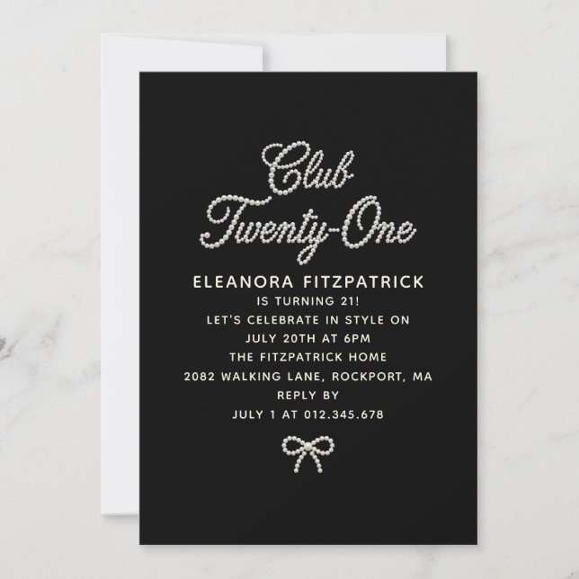Invitación 21st Birthday Black White Pearl Script Bow (Anverso)