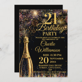 Invitación 21st Birthday Bubbly Fireworks Gold